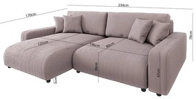 Világos rózsaszín kordbársony kinyitható sarokkanapé (variálható) Sara – Ropez