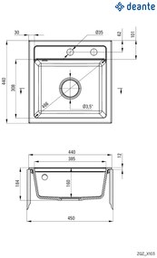 Deante Zorba, gránit mosogató 440x440x184 mm B / O, 3,5 "+ helytakarékos szifon, 1 kamrás, grafit fém, ZQZ_G103