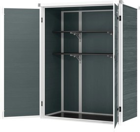 Outsunny kerti tároló, 0,81 m² — 134 x 68,5 x 170 cm, műanyag ház beépített padlóval, 2 lehajtható polccal, dupla zárható ajtó, szürke fa hatás | Aoso