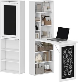 HOMCOM Összecsukható Számítógép Íróasztal, Tárhellyel, Falra Szerelhető Összecsukható Asztal Könyvespolccal, Munkahely, Krétatáblával és Állítható Pol