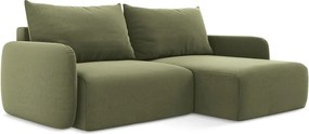 Zöld bársony kinyitható-tárolóhelyes sarokkanapé (jobb oldali-heverő résszel) Kalena – Makamii