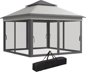 Outsunny Összecsukható Pavilon 3x3x2,7 m Kerti Napernyő Kettős Tetővel, Állítható Magassággal, 4 Szúnyoghálóval, UV30+ Védő Vízhatlan és Hordtáskával