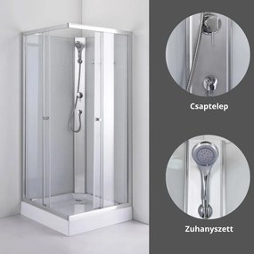 Stuxi Genova 80x80 cm szögletes két tolóajtós fehér hátfalas zuhanykabin 5 mm üveggel zuhanytálcával és csapteleppel