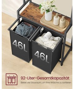 Szennyestartó, polccal kihúzható és levehető ruhatartó zsákkal 2x46L, rusztikus barna és