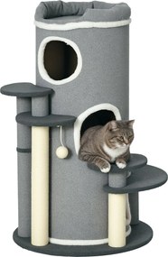 PawHut 99 cm macska fa 3 búvóhellyel, játékgolyóval, jutaoszlopokkal, platformmal, többszintes kaparófával, mászó fával közepes macskák számára, szürk