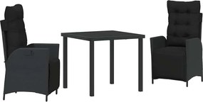 vidaXL Kert étkező szett párnával 3 pcs Fekete polirattan