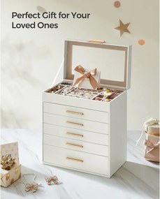 Üveglapos ékszerdoboz, 6 szintes, 5 fiókos, modern stílusban, fehér-arany