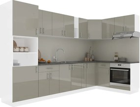 Karo V35 sarok konyhabútor 28 mm-es Thermo munkalappal, Fényes szürke / Fehér, MDF, 320 x 160 cm
