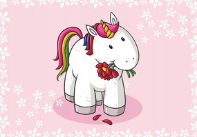 Unikornis tapéta virágokkal piros szirmokkal 416x290 mese dekoráció +ragasztó