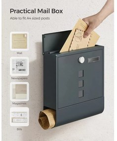 Zárható postaláda újságtartóval, névtáblával falra, kerítésre szerelhető, antricit szürke