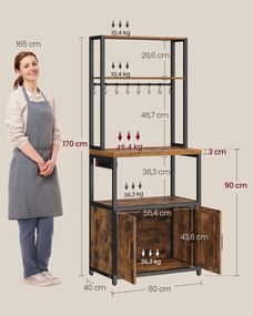 Konyhai polc beépített elosztóval, 40 x 60 x 170 cm, rusztikus barna és fekete