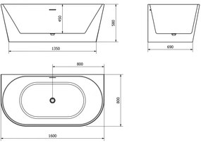 Mexen Oval, szabadon álló fali kád 160 x 80 cm, fehér-fekete, króm túlfolyó, 52671608075-01