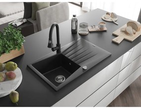 Mexen Cesar, 1 kamrás gránit mosogató 775x470x190 mm és Elia mosogató csaptelep, fekete, 6514-77-670101-70