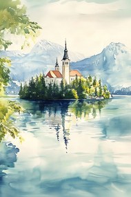 Vászonkép Canvas Tájkép Szlovénia Tó Hibás Templom Sziget 80x120