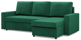 Zeus sarokkanapé, 2 ágyneműtartóval, egyenes kartámasz, bársony, univerzális oldal, hab töltet, zöld