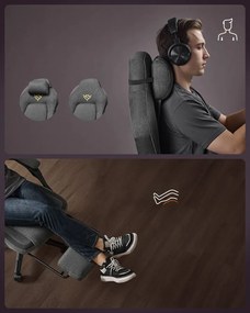 Ergonomikus gamer szék lábtartóval, állítható, galambszürke párnával