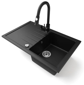 Gránit mosogató NERO Eris + kihúzható zuhanyfejes Snake csaptelep + adagoló + dugókiemelő (matt fekete)