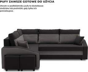 Grande sarokkanapé polcokkal és puffokkal , polc a jobb karfaban puffok a bal karfaban, baloldali, szövet anyag, hab töltet, fekete - szürke