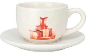 Piros ajándék karácsonyi porcelán csésze csészealjjal, 250 ml