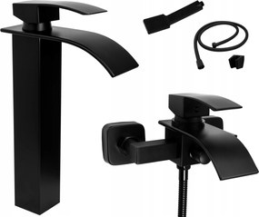 Fekete Kádtöltő Csaptelep Mosdó Vízesés Szett