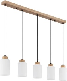 Globo 15977-5H Függesztett lámpa, barna fa, matt fehér üveg, barna fa, fekete textil kábel, magasság rövidíthető, HxSzxM: 1000x100x1200mm, 5x E27 60W 230V izzók nélkül