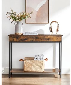 VASAGLE konzolasztal, kanapéasztal 2 fiókkal, vintage barna–fekete színben