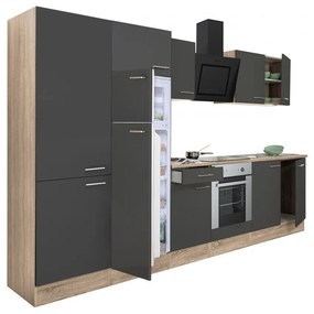 Yorki 330 konyhabútor sonoma tölgy korpusz,selyemfényű antracit front alsó sütős elemmel polcos szekrénnyel és felülfagyasztós hűtős szekrénnyel