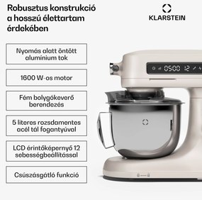 Klarstein Chiara konyhai robotgép, 1600 W, 12 beállítás, rozsdamentes acél tál, LCD kijelző, Tartozékokkal együtt