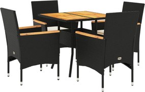 vidaXL 5részes fekete polyrattan/akácfa kerti étkezőgarnitúra párnákkal