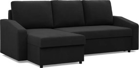 Zeus sarokkanapé, 1 ágyneműtartóval, döntött kartámasz, szövet anyag, univerzális oldal, bonell töltet, fekete