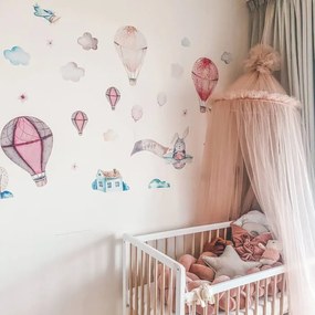 INSPIO Falmatrica gyerekszobába - Rózsaszín hőlégballon matrica névvel gyerekszobába