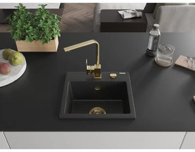 Mexen Milo, 1 kamrás gránit mosogató 435x410x171 mm és Rita arany csaptelep, fekete-ezüst metál, 6505-73-670300-50