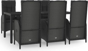 vidaXL 7 részes fekete és szürke polyrattan kerti étkezőszett párnával