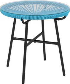 Outsunny Kerek Kerti Kávétábla Műgyanta Rattan Hatású Fém és Edzett Üveg Top Ø 50 x 50 cm Kék | Aosom