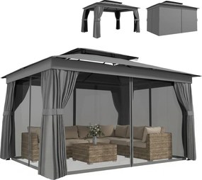 Outsunny pavilon 3,8 x 3,0 m — vízlepergető, stabil kerti pavilon dupla tetővel, függönyökkel és szúnyoghálóval, rendezvénytető kampókkal, fémvázzal,