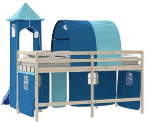 kék függönyök alagúttal és toronnyal ellátott tetőtéri ágyhoz