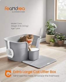 Extra nagy macskaalomdoboz magas oldalfallal, alomfogó ráccsal, szürke színben