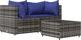 vidaXL 3 részes szürke polyrattan kerti ülőgarnitúra párnákkal