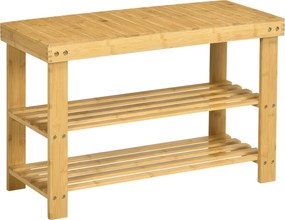 HOMCOM Cipőtároló Pad, Bambusz Pad, Tárolós Cipőrekesz 2 Nyitott Polccal Előszobába, Nappaliba, 70 x 28 x 45 cm Természetes | Aosom