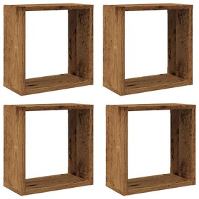 4 db antik fa színű szerelt fa fali kockapolc 30x15x30 cm