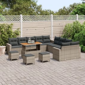 13 Darabos Kerti Kanapészett Párnákkal Szürke Poli Rattan Akácia, 3 Darabos Kerti Étkező Szett Párnákkal Szürke Poli Rattan Akácia