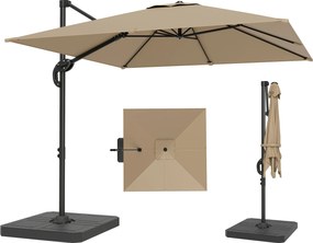 Outsunny konzolos négyzetes napernyő 2,4×2,4 m talppal és töltőlemezekkel — alumínium, 360°-os lábpedálos oszlop, UPF50+, 5 fokozatú döntés, khaki | A