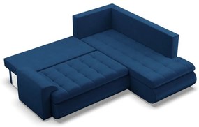 Tokio sarokkanapé, L alakú háttámlával, 2 ágyneműtartóval, bársony, jobboldali, kék