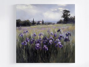 Vászonkép Canvas Tájkép Falu Rét Házak Virágok Írisz 80x80
