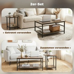 HOMCOM Dohányzóasztal szett, 2 darabos, téglalap alakú és kerek asztal 2 szintes tárolóval, nappaliba, rusztikus barna