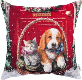 Párnahuzat 45x45 karácsonyi hangulat mesebeli kutyus cicával