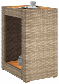 bézs polyrattan kerti kisasztal fa asztallappal 60x40x75 cm