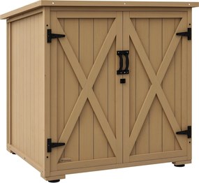 Outsunny Kerti Szerszámos Szekrény, Kültéri Esőálló Szerszámtároló, Fából Készült Szekrény Két Ajtóval, Többcélú Kerti Szekrény, Balkonra, Természetes