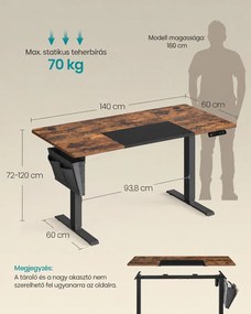 SONGMICS elektromosan állítható magasságú íróasztal, 140 x 60 cm, 4 memóriahellyel, USB-C töltőporttal és tárolózsebbel, vintage barna és fekete