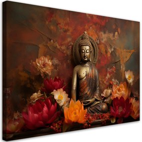 Gario Vászonkép Meditáló Buddha szobor és színes virágok Méret: 60 x 40 cm